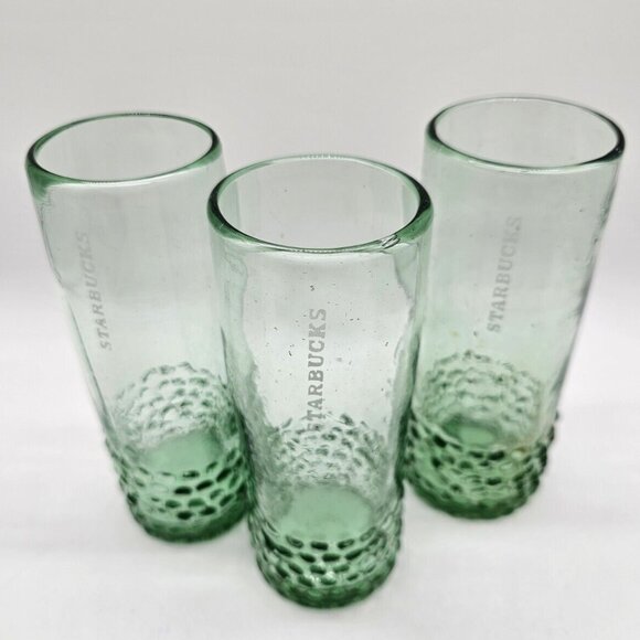 Starbucks Handblown Green Tall 7" Glasses Tumbler Hobnail Lot Of 3 Boho Recycled - Picture 1 of 9